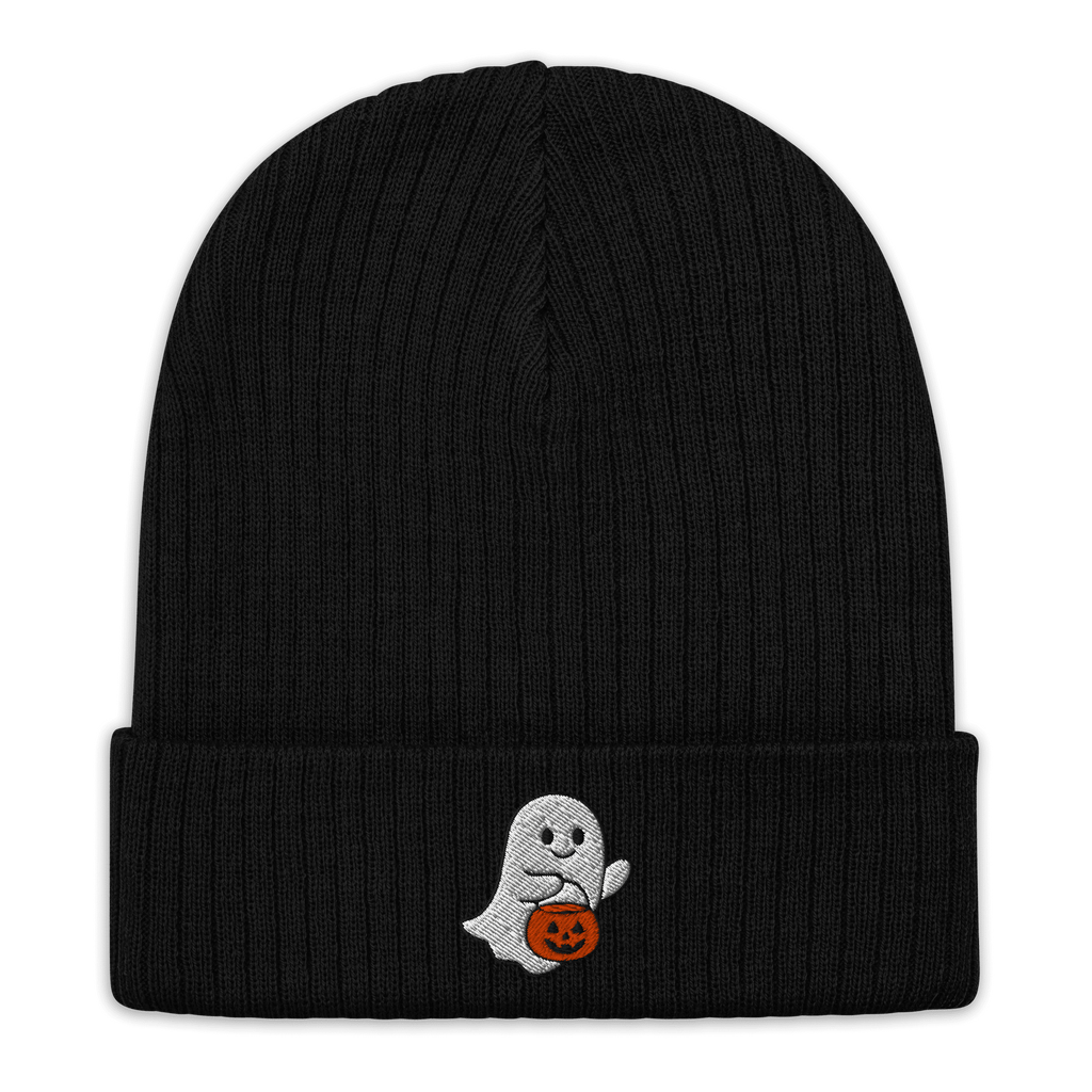 Embroidered Ghost Halloween Ribbed Knit Beanie - Heartland Stitch