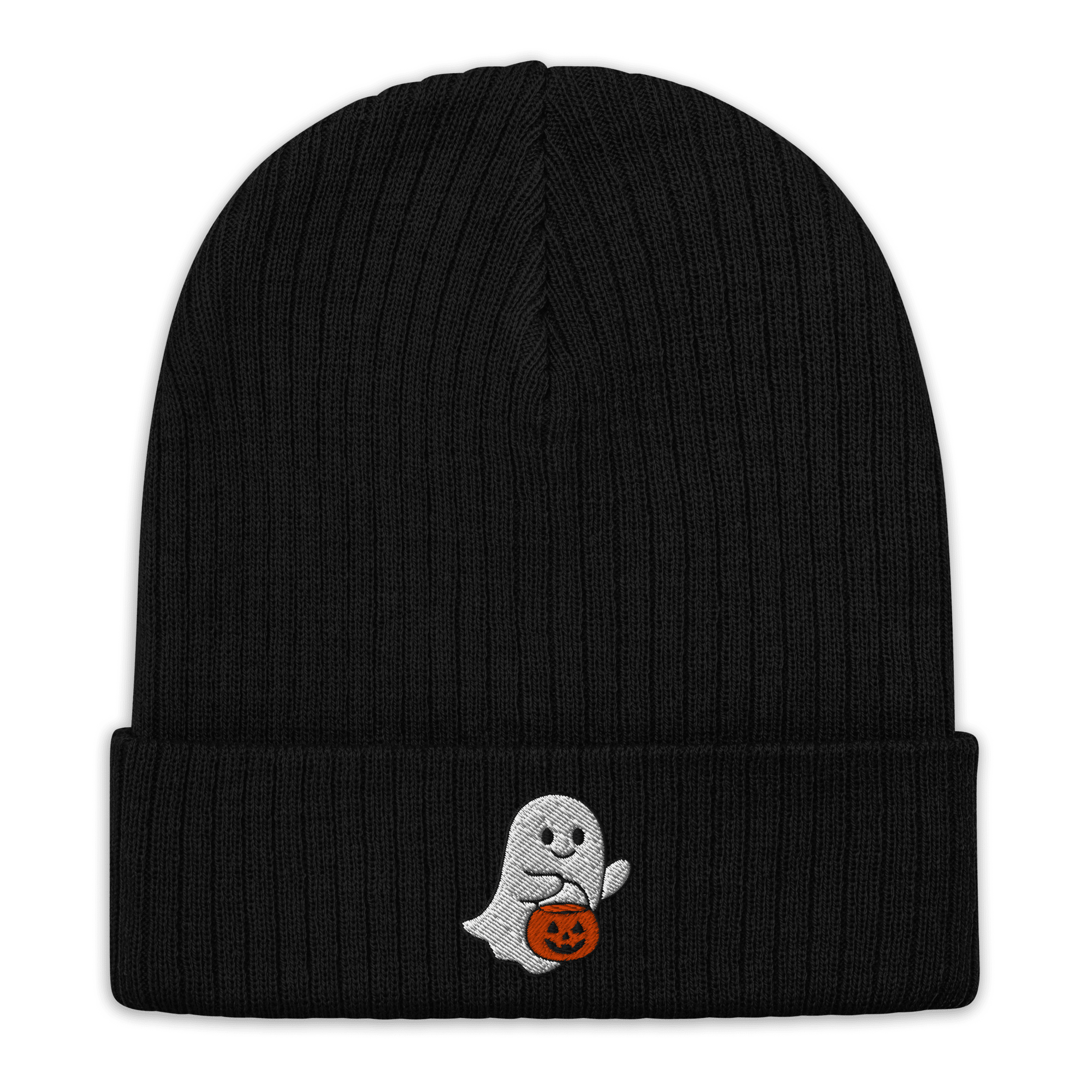 Embroidered Ghost Halloween Ribbed Knit Beanie - Heartland Stitch