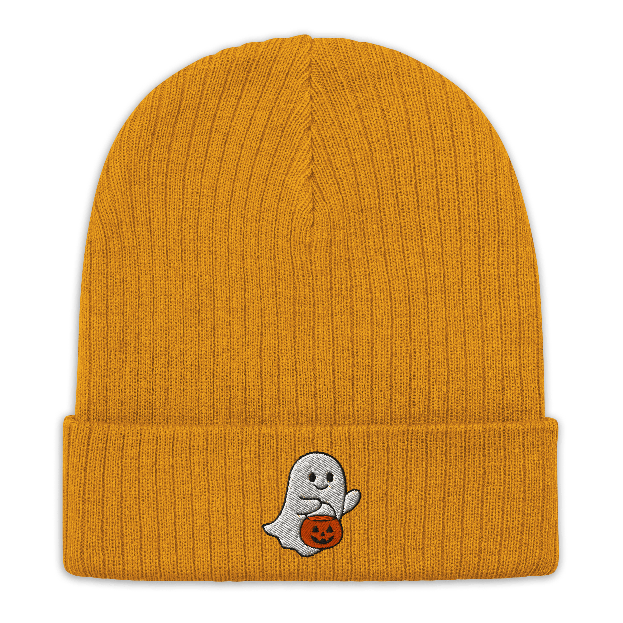 Embroidered Ghost Halloween Ribbed Knit Beanie - Heartland Stitch
