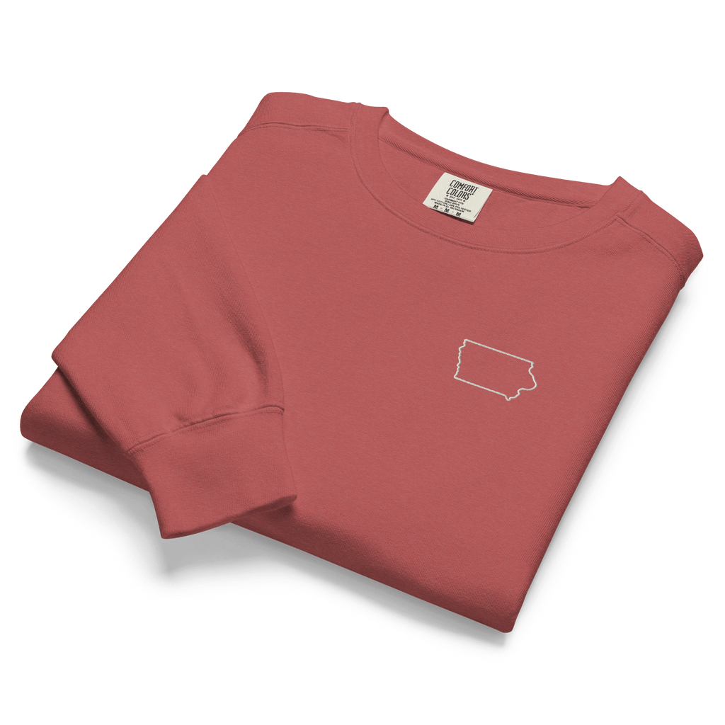 Embroidered IOWA State Outline Sweatshirt | Minimalist IA Pride Comfort Colors Crewneck - Heartland Stitch