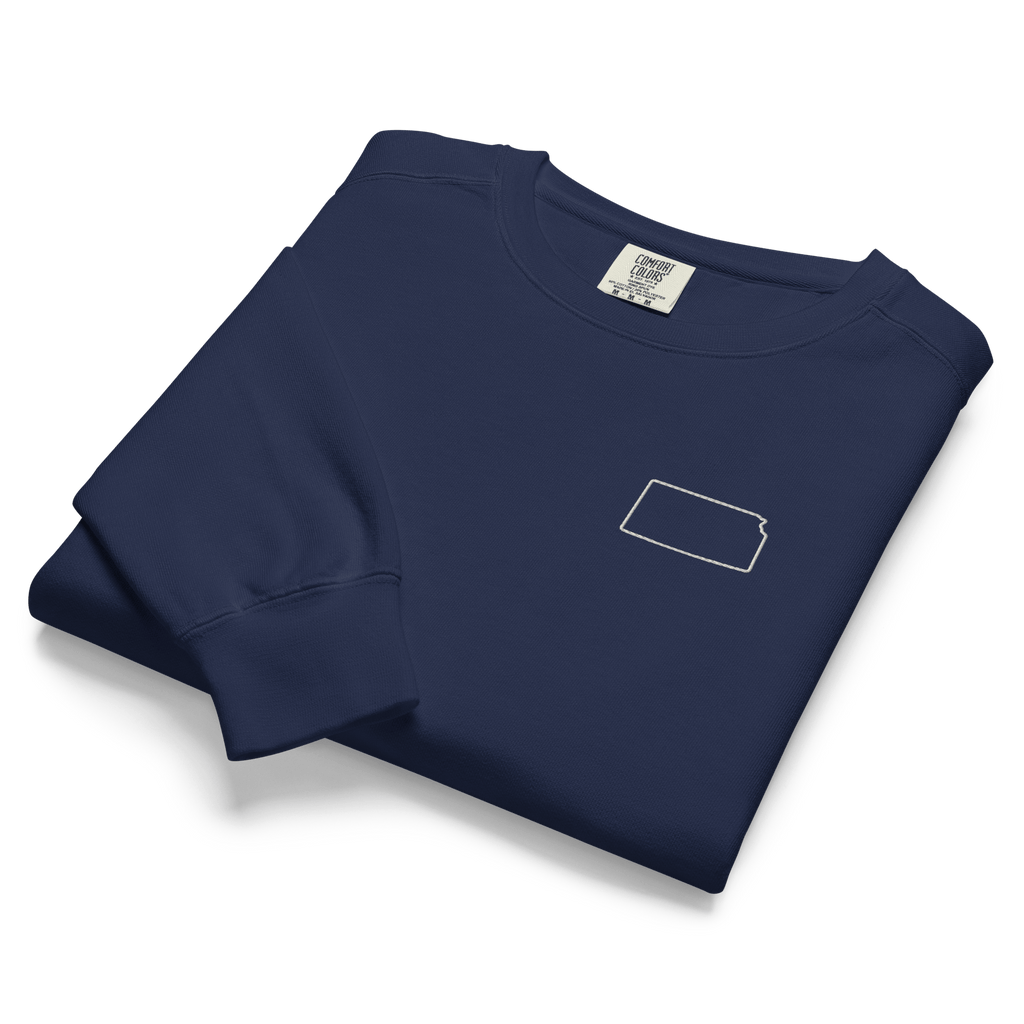 Embroidered KANSAS State Outline Sweatshirt | Minimalist KS Pride Comfort Colors Tee - Heartland Stitch