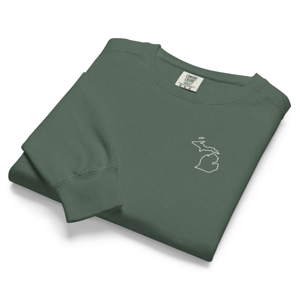 Embroidered MICHIGAN State Outline Sweatshirt | Minimalist MI Pride Comfort Colors Crewneck - Heartland Stitch