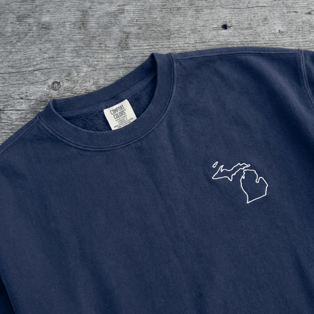 Embroidered MICHIGAN State Outline Sweatshirt | Minimalist MI Pride Comfort Colors Crewneck - Heartland Stitch