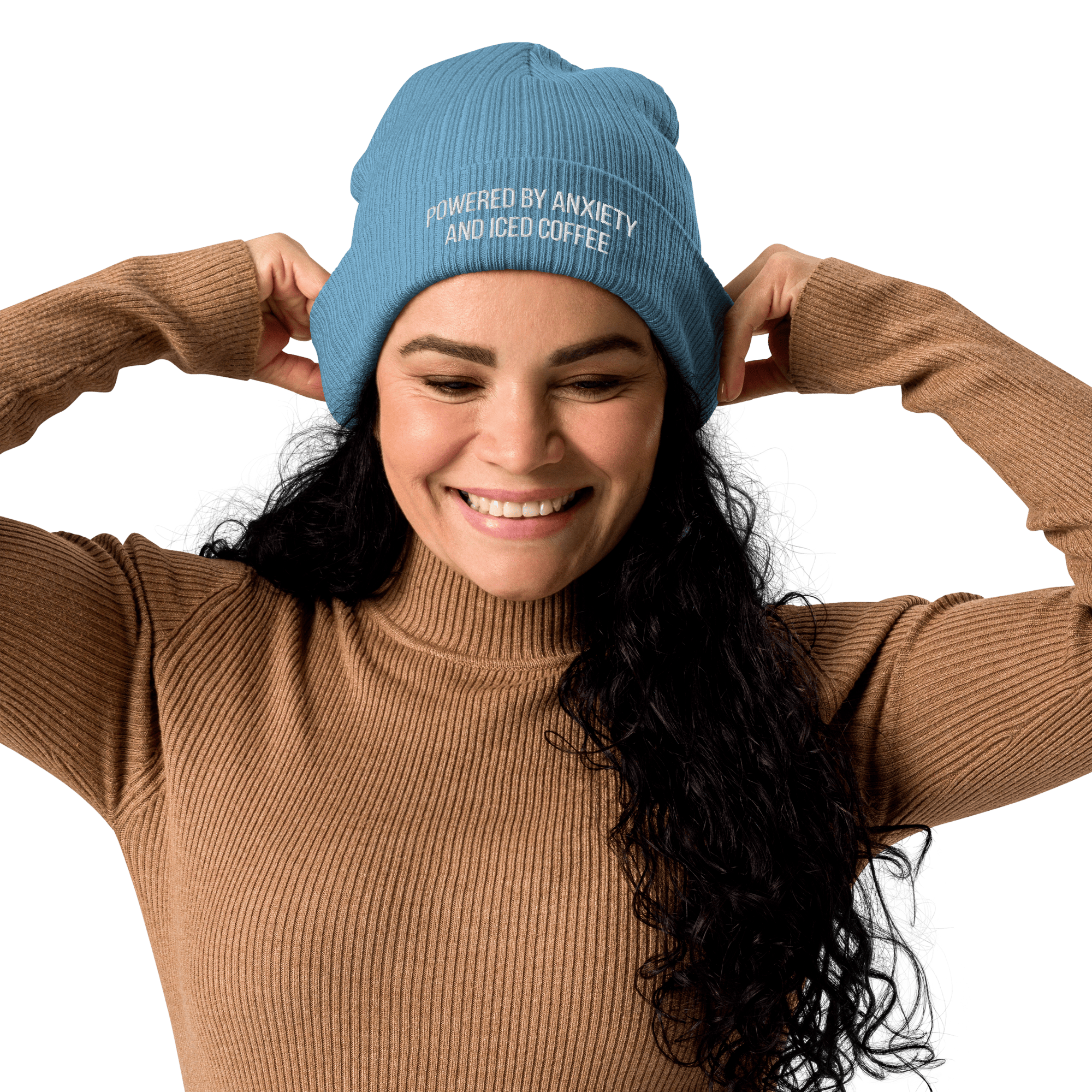 Embroidered "Powered By Anxiety & Iced Coffee" | Organic Cotton Ribbed Beanie - Heartland Stitch