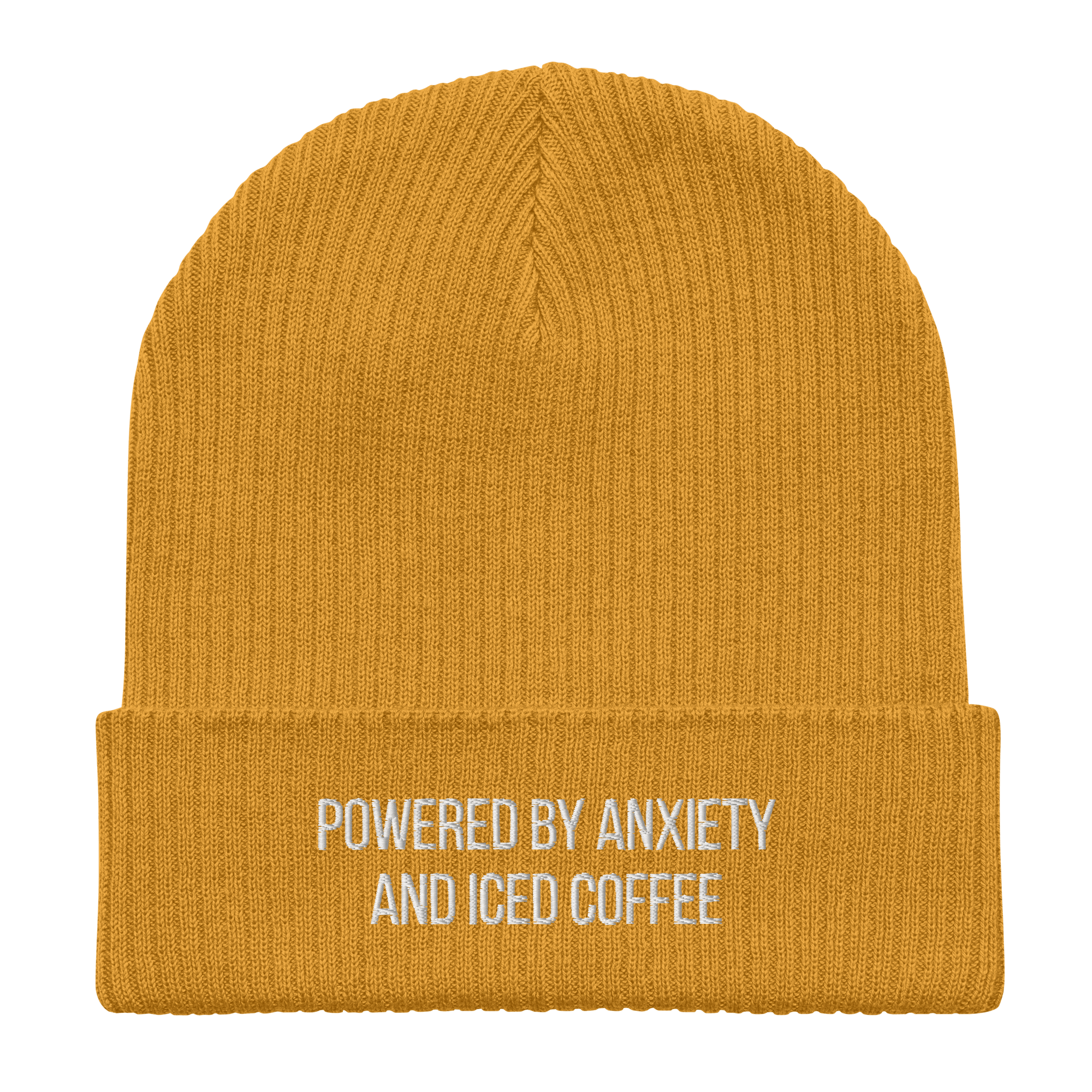 Embroidered "Powered By Anxiety & Iced Coffee" | Organic Cotton Ribbed Beanie - Heartland Stitch