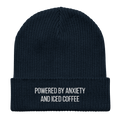 Embroidered "Powered By Anxiety & Iced Coffee" | Organic Cotton Ribbed Beanie - Heartland Stitch