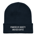 Embroidered "Powered By Anxiety & Iced Coffee" | Organic Cotton Ribbed Beanie - Heartland Stitch