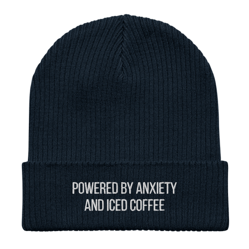 Embroidered "Powered By Anxiety & Iced Coffee" | Organic Cotton Ribbed Beanie - Heartland Stitch