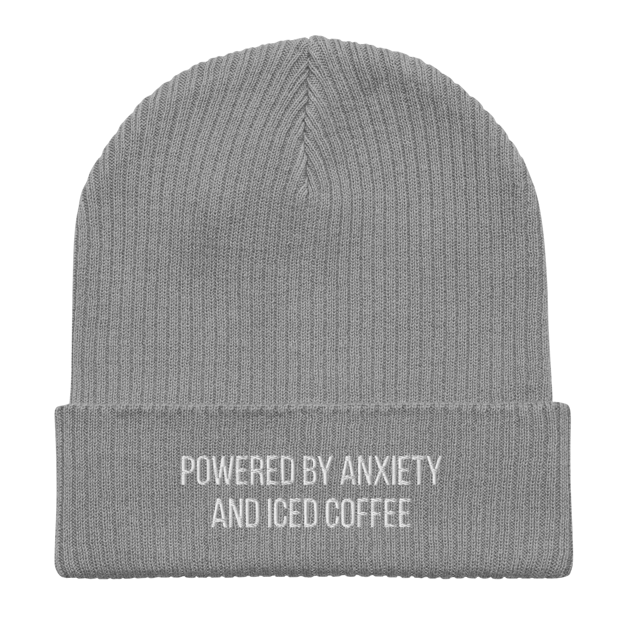Embroidered "Powered By Anxiety & Iced Coffee" | Organic Cotton Ribbed Beanie - Heartland Stitch