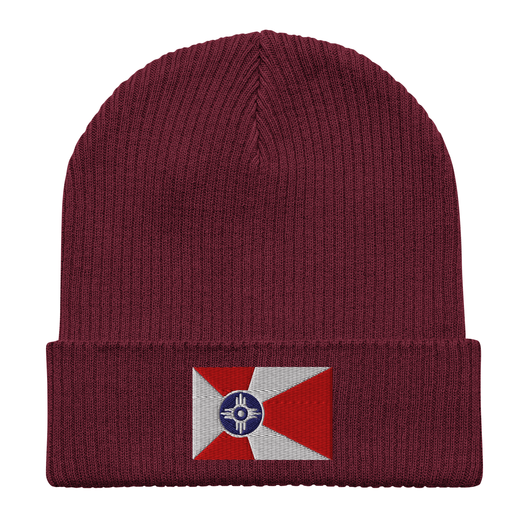 Embroidered Wichita Flag | Organic Cotton Ribbed Beanie - Heartland Stitch