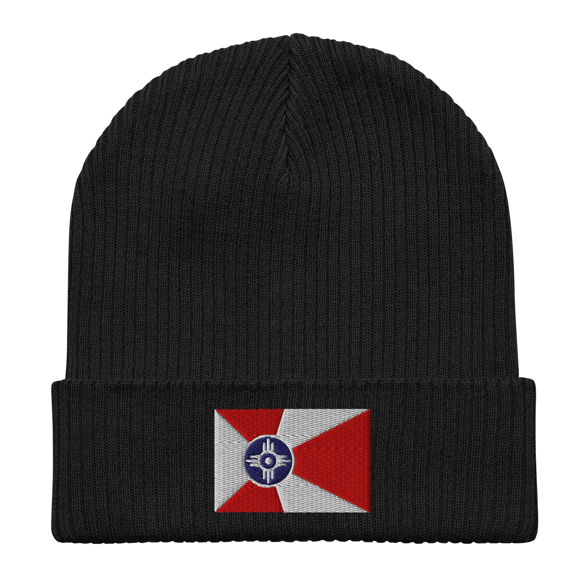 Embroidered Wichita Flag | Organic Cotton Ribbed Beanie - Heartland Stitch