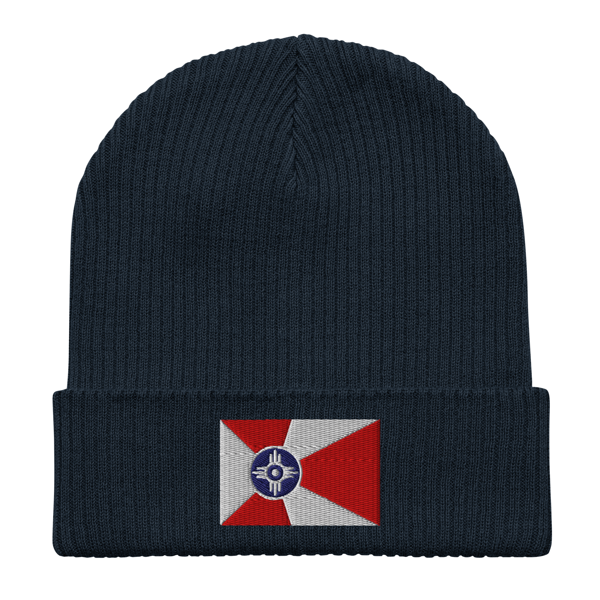 Embroidered Wichita Flag | Organic Cotton Ribbed Beanie - Heartland Stitch