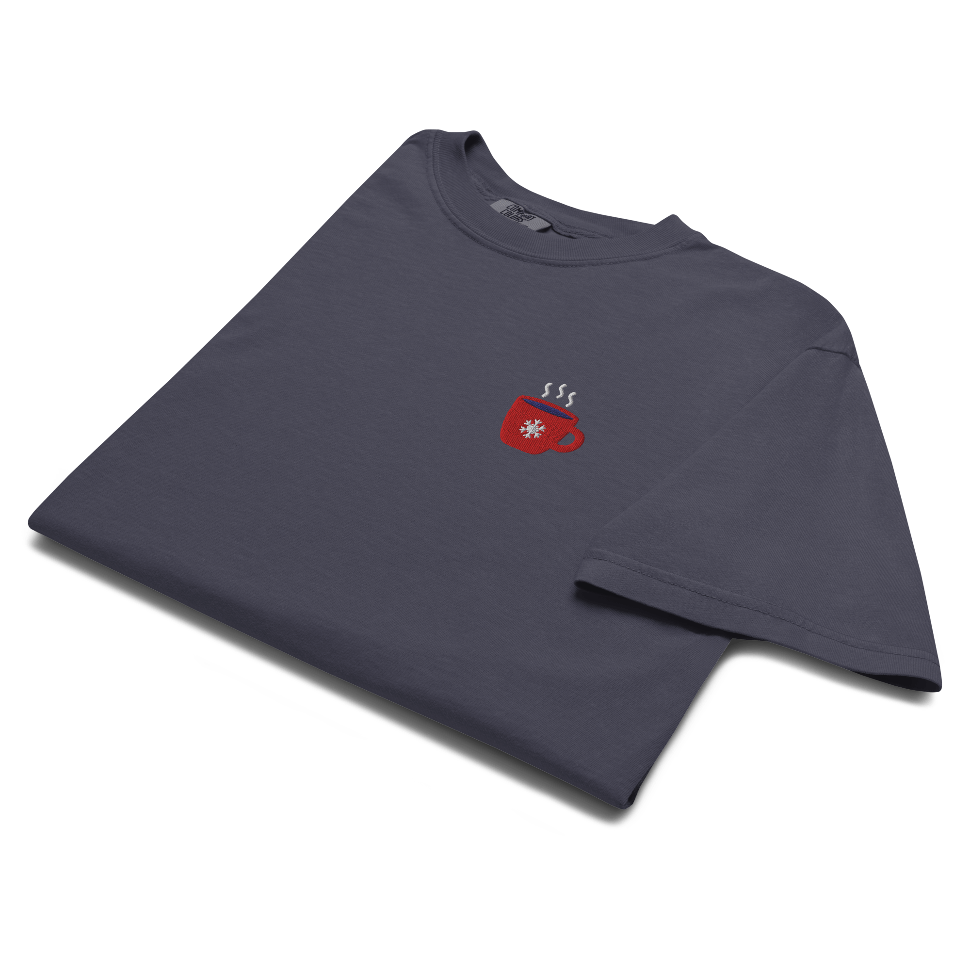 Embroidered Winter Coffee Mug T-Shirt | Snowflake Cup Comfort Colors Tee | Cozy Gift - Heartland Stitch