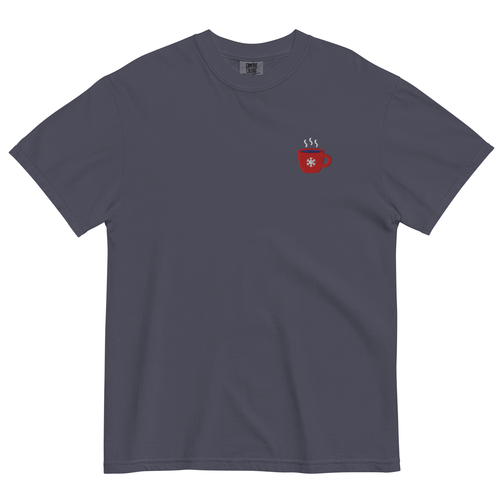 Embroidered Winter Coffee Mug T-Shirt | Snowflake Cup Comfort Colors Tee | Cozy Gift - Heartland Stitch