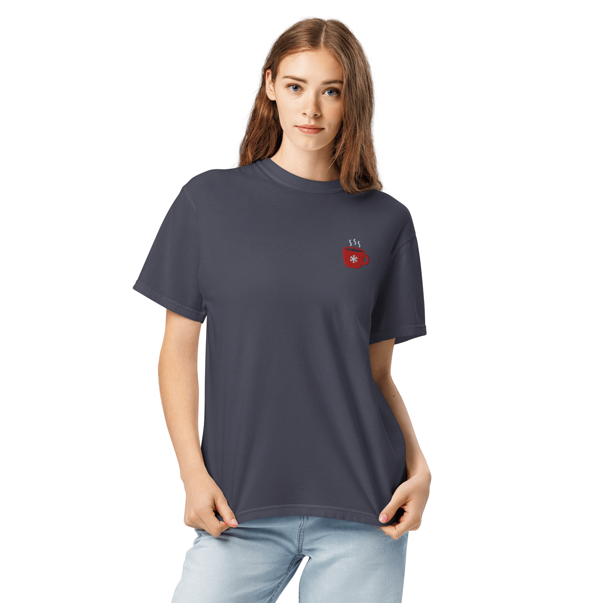 Embroidered Winter Coffee Mug T-Shirt | Snowflake Cup Comfort Colors Tee | Cozy Gift - Heartland Stitch