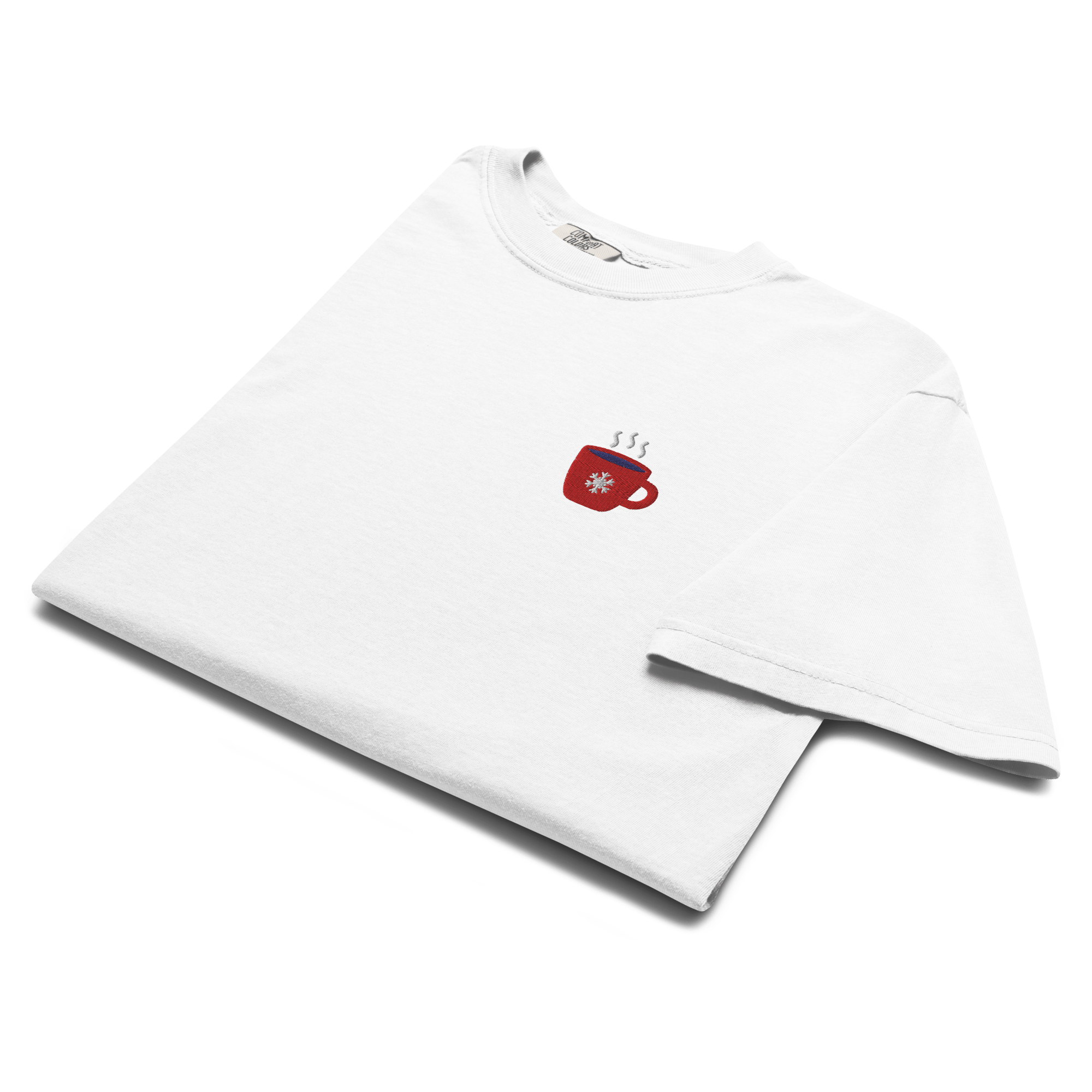 Embroidered Winter Coffee Mug T-Shirt | Snowflake Cup Comfort Colors Tee | Cozy Gift - Heartland Stitch