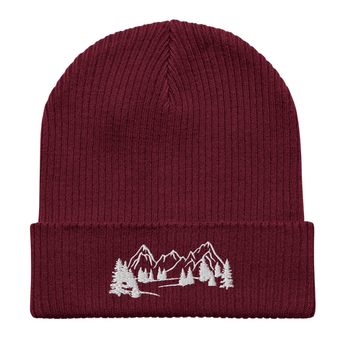 Organic Cotton Ribbed Beanie | Embroidered Mountain Range & Tree Design | Adventure Hat - Heartland Stitch