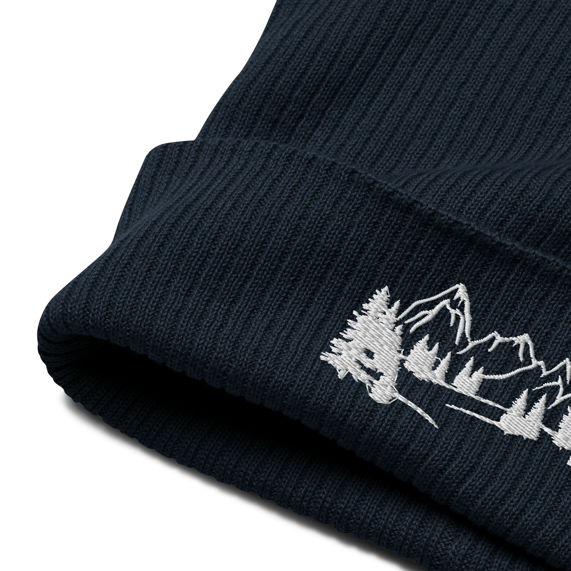 Organic Cotton Ribbed Beanie | Embroidered Mountain Range & Tree Design | Adventure Hat - Heartland Stitch