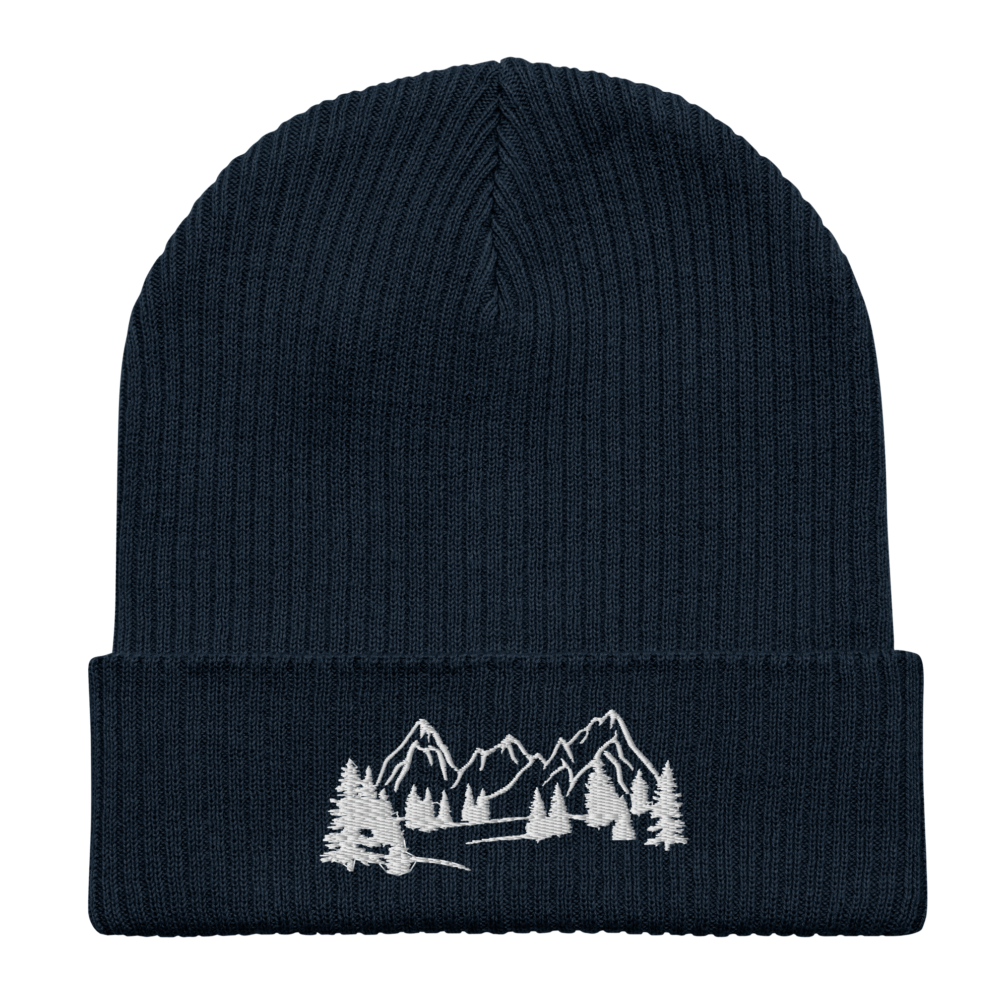 Organic Cotton Ribbed Beanie | Embroidered Mountain Range & Tree Design | Adventure Hat - Heartland Stitch