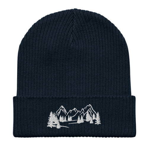 Organic Cotton Ribbed Beanie | Embroidered Mountain Range & Tree Design | Adventure Hat - Heartland Stitch